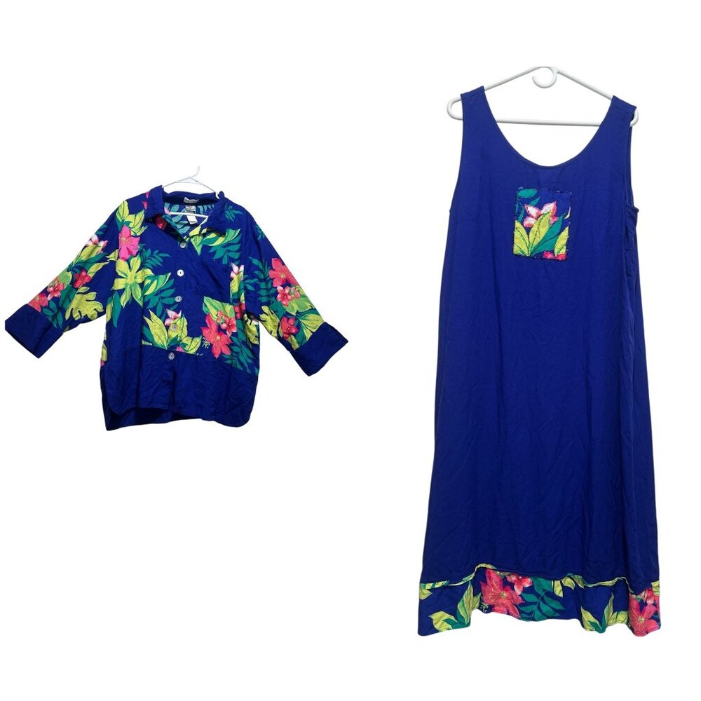 Vintage Paradiso Hawaiian Long Dress Button Down Shirt Set Size 1X Blue Floral